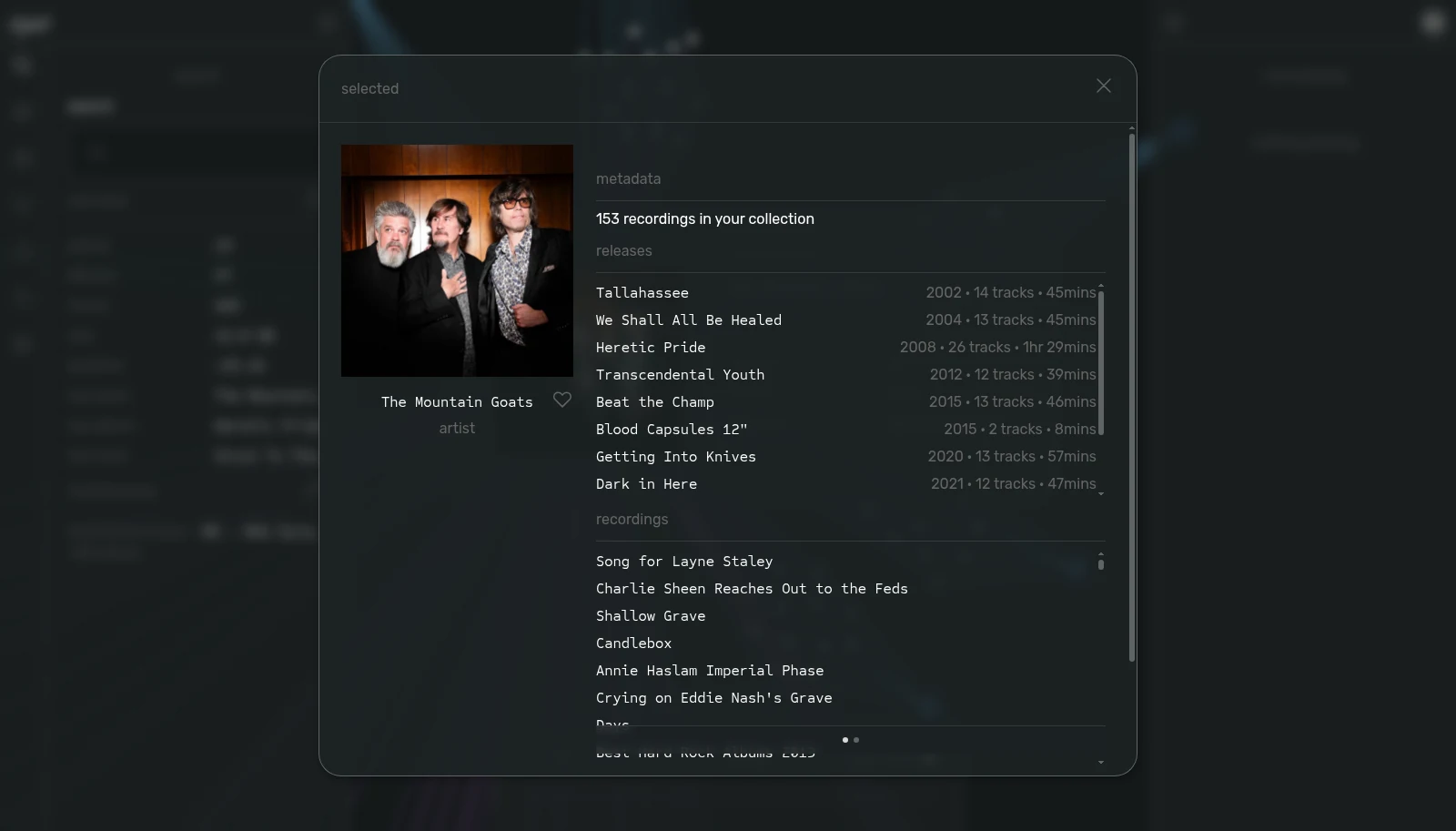 An artist's full article view in Legato, listing real releases and recordings pulled from a scanned library, each one a link.