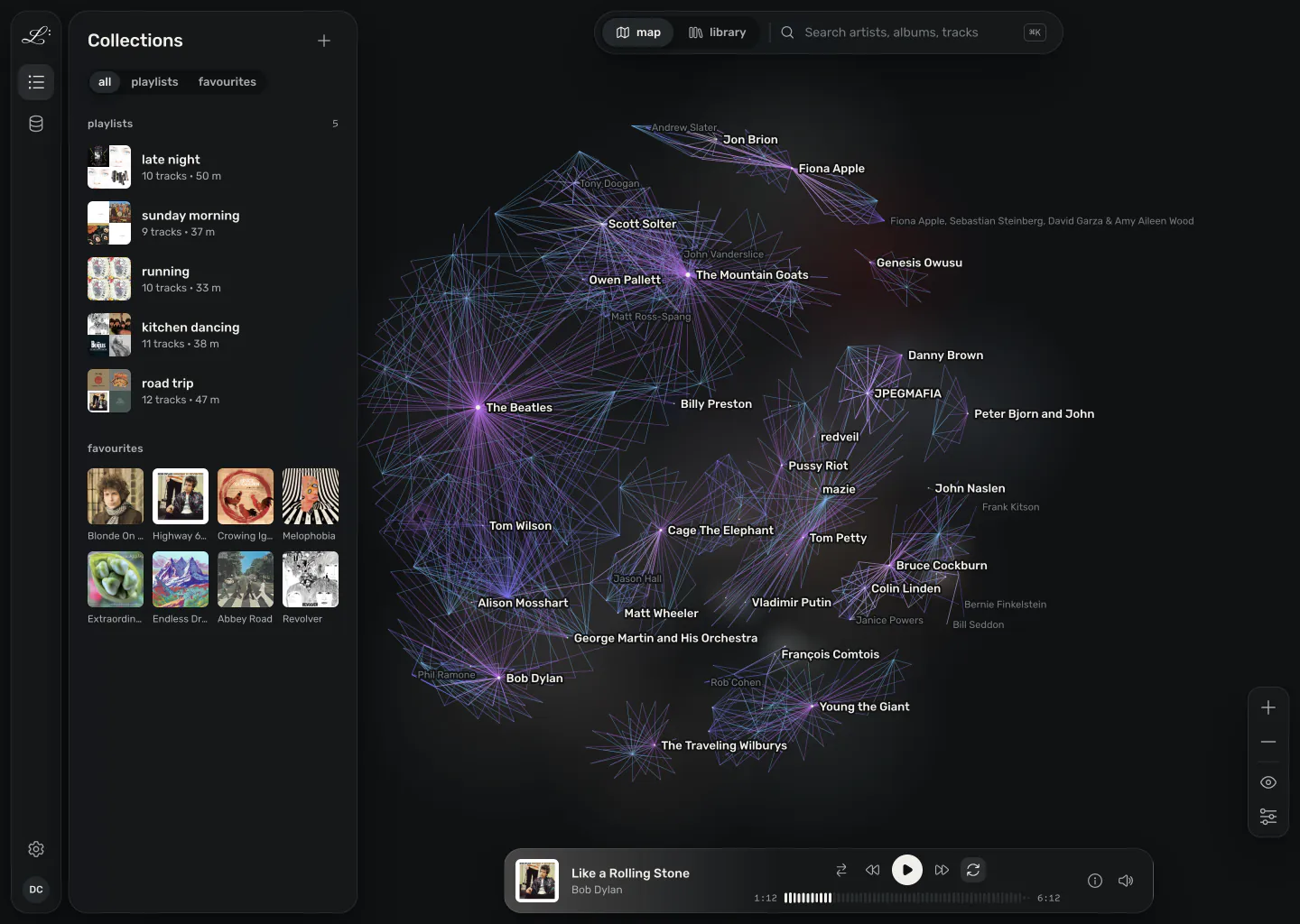 The Collections panel beside the map, listing five playlists above a grid of favourite albums.