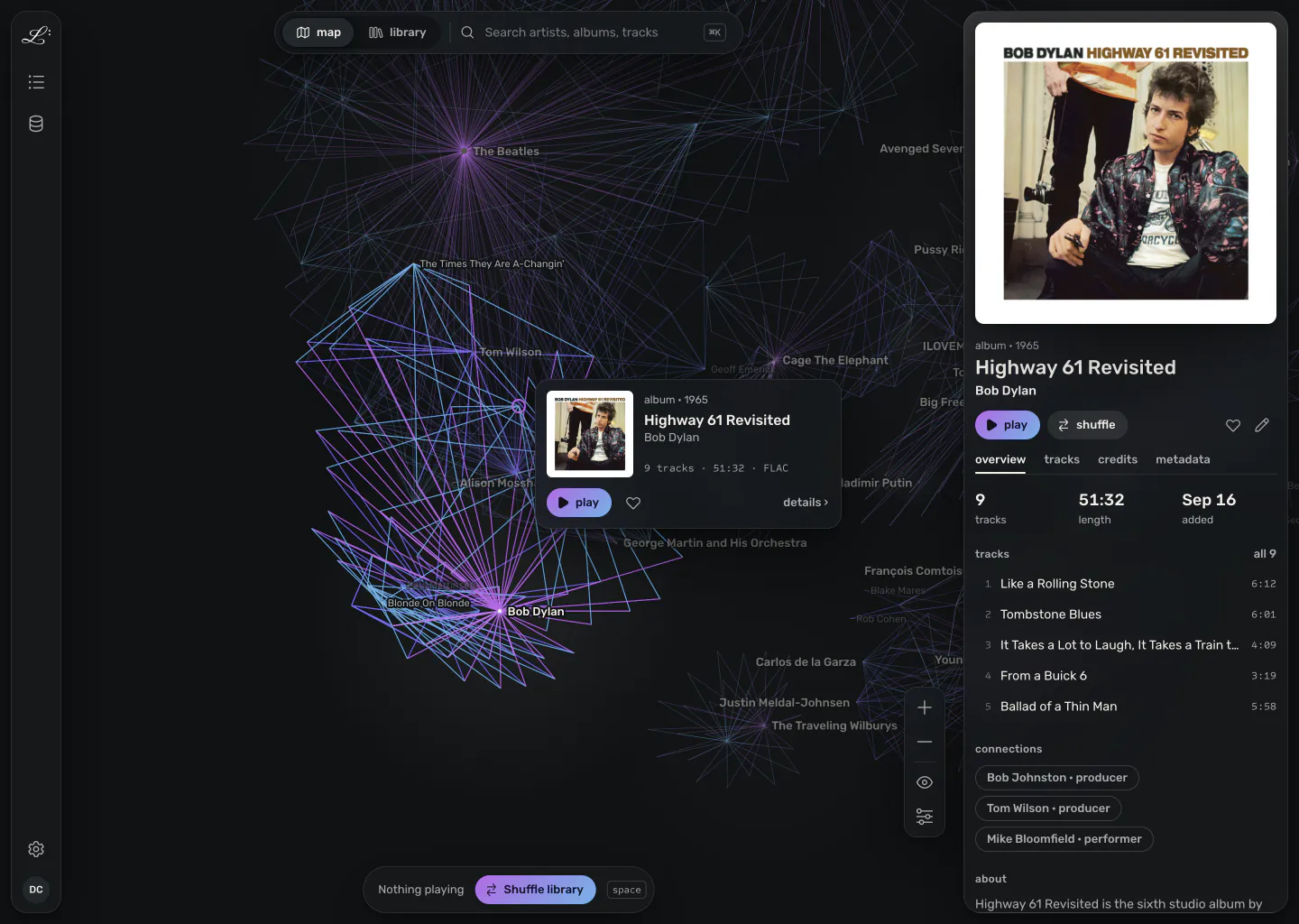 Legato's map with Highway 61 Revisited selected. Its connections stay lit on the graph, a preview card sits beside it, and its article is open on the right with the track list and its links to two producers and a performer.